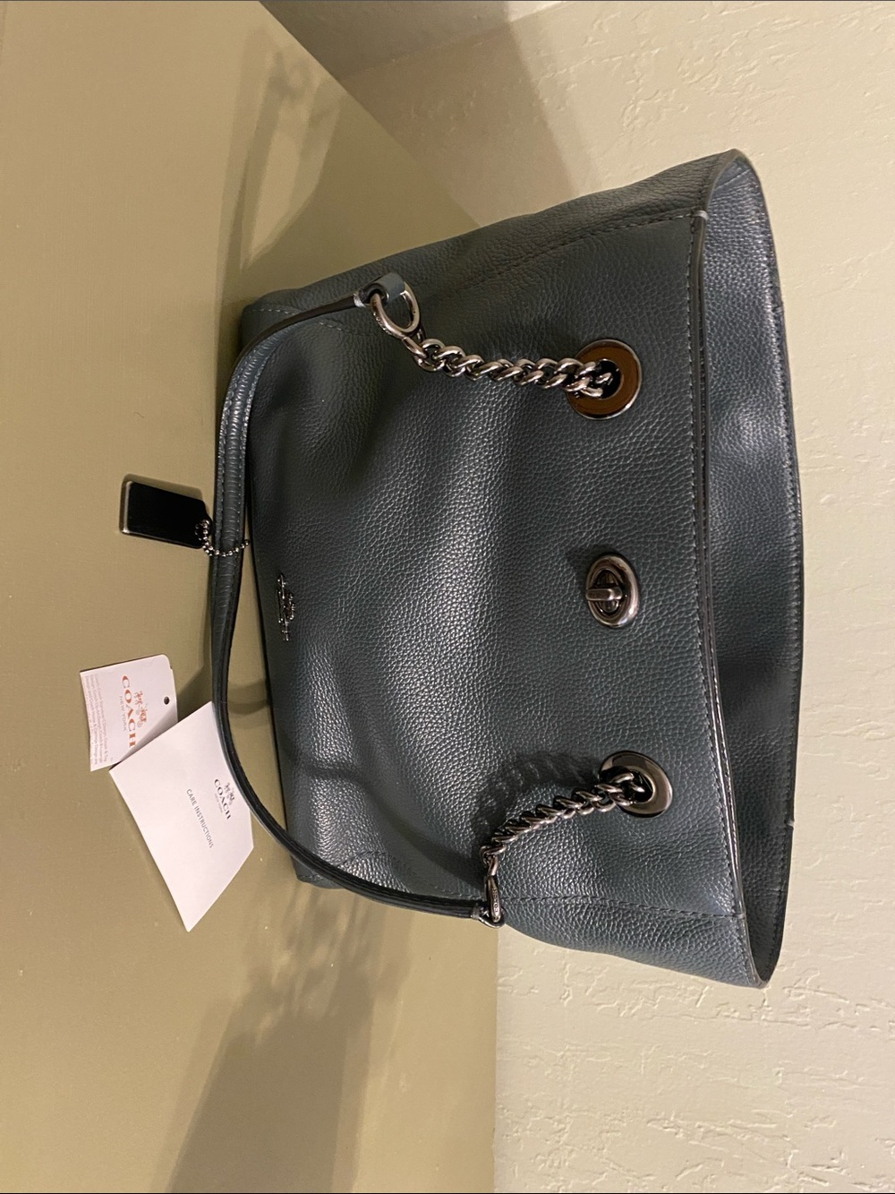 Coach Pebbled Leather Chain-Handle Tote – Teal Green